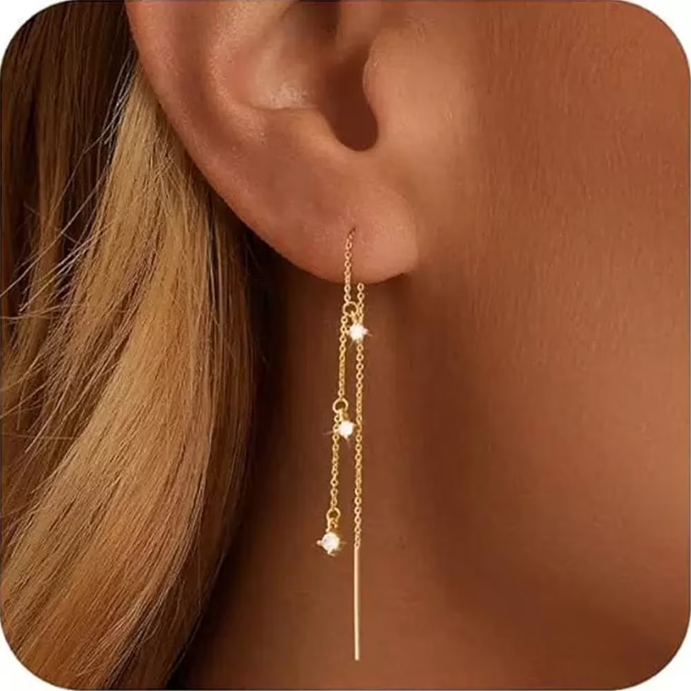14K Gold Plated CZ Dangle Chain Earrings for Women Hypoallergenic