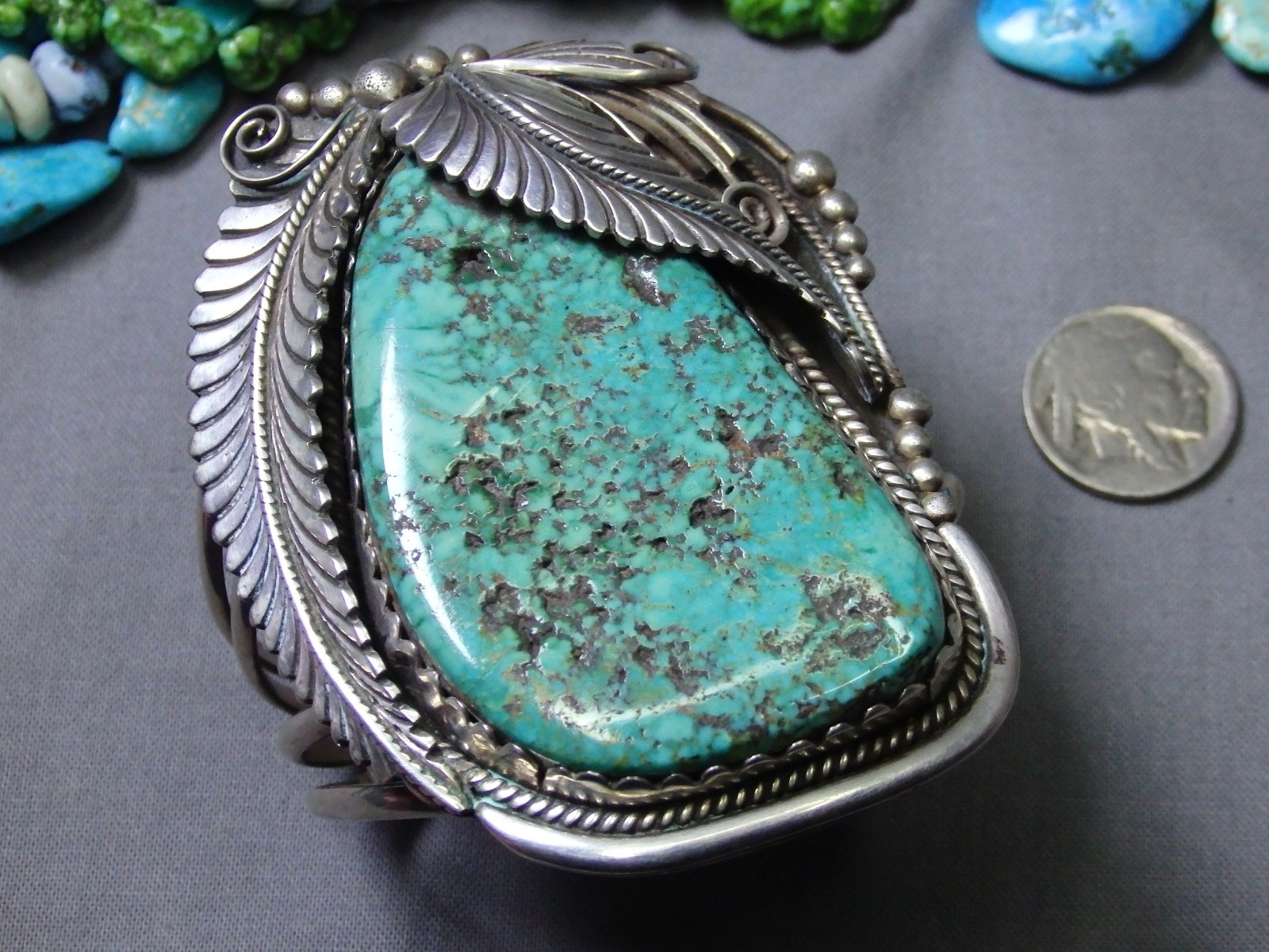 NAVAJO D. Lister KINGMAN TURQUOISE Sterling Silver SQUASH BLOSSOM 110g Bracelet