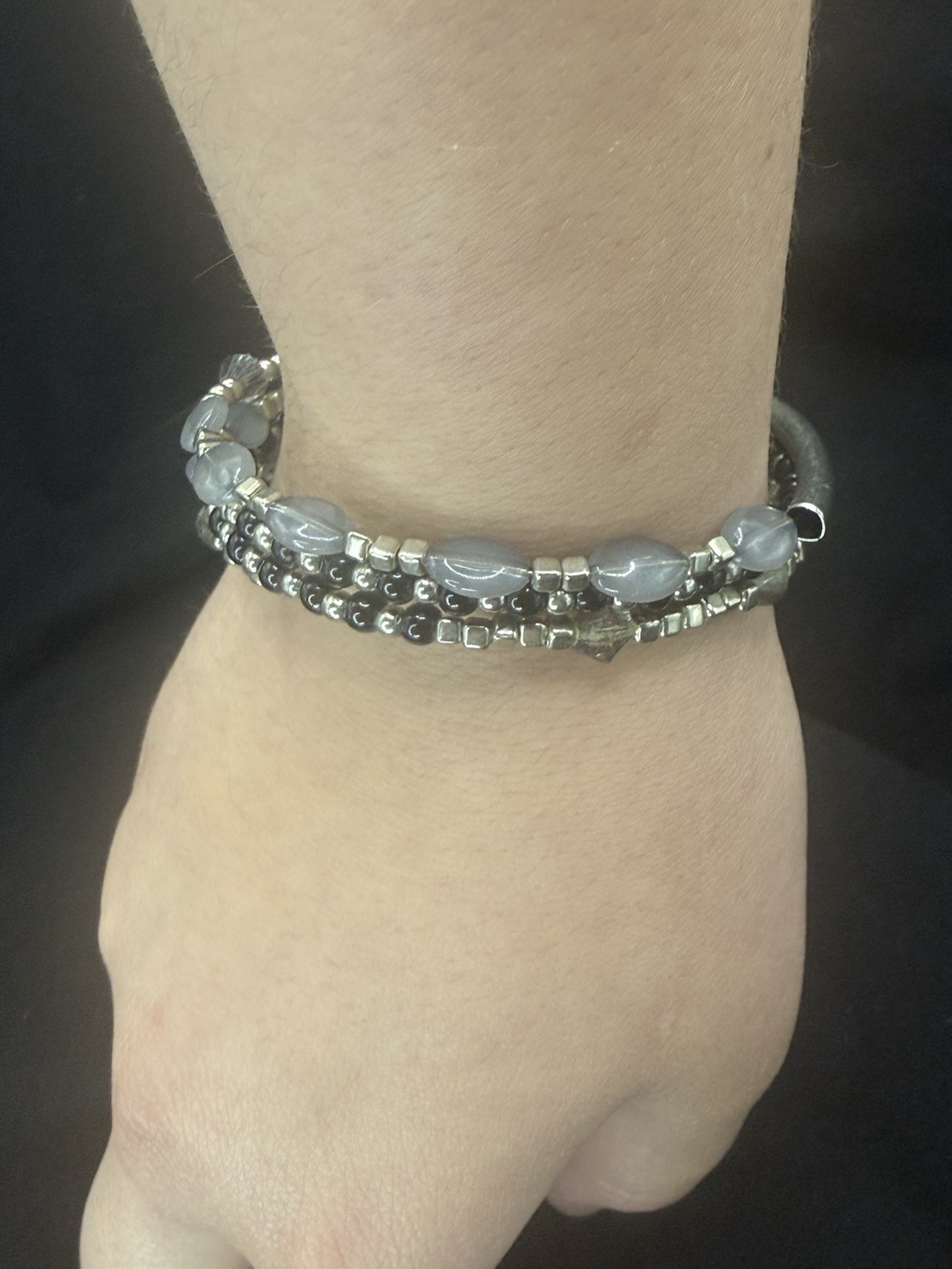 Silver Tone Stackable Wrap Bangle Bracelet, Gray Round Crystal Bead Strands