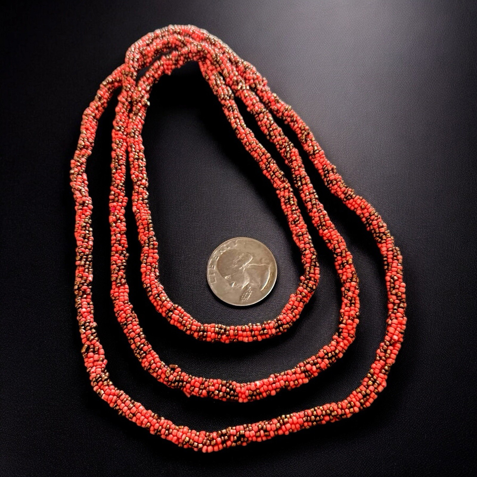 Art Deco Sautoir Necklace Coral Black Glass Bead Crocheted 1920s Flapper
