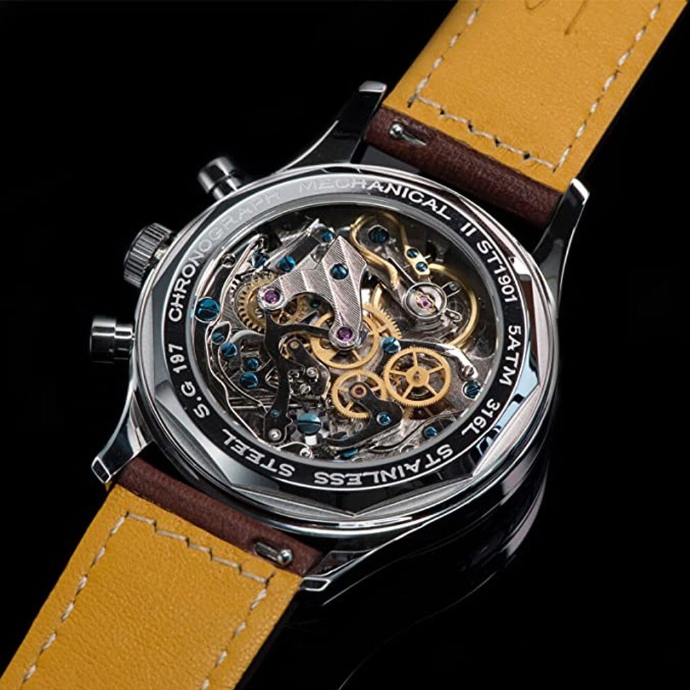 Sugess Chrono Mechanical Leather Cream Brown Steel Vintage Men’s Watch