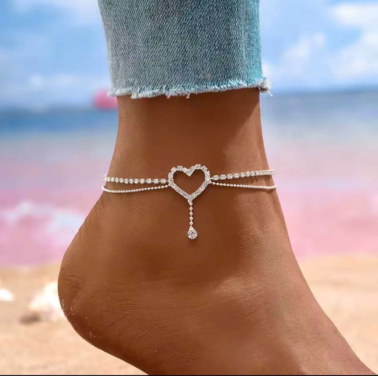 Shiny Bling Heart Drop Tassel Charm Double Layer Anklet Women Beach Foot Chain