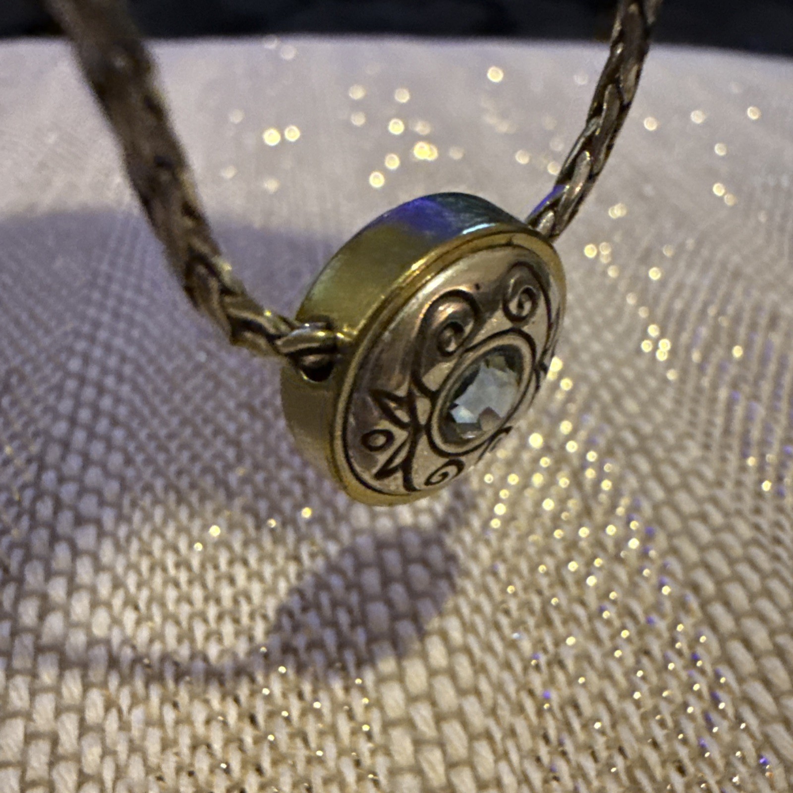 Brighton Silver Tone Chain Necklace Blue Swarovski Crystal Charm Gold Accents