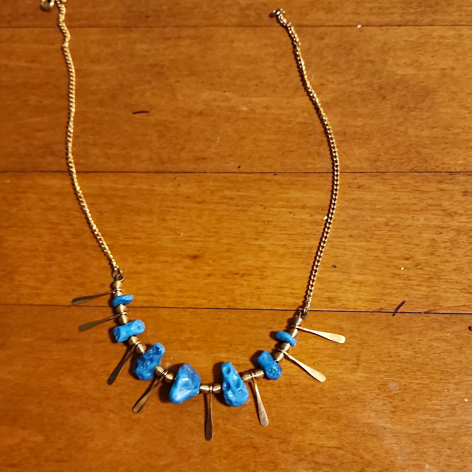 Gold Tone Cable Chain Necklace Blue Accent Dangle Charm Pendant