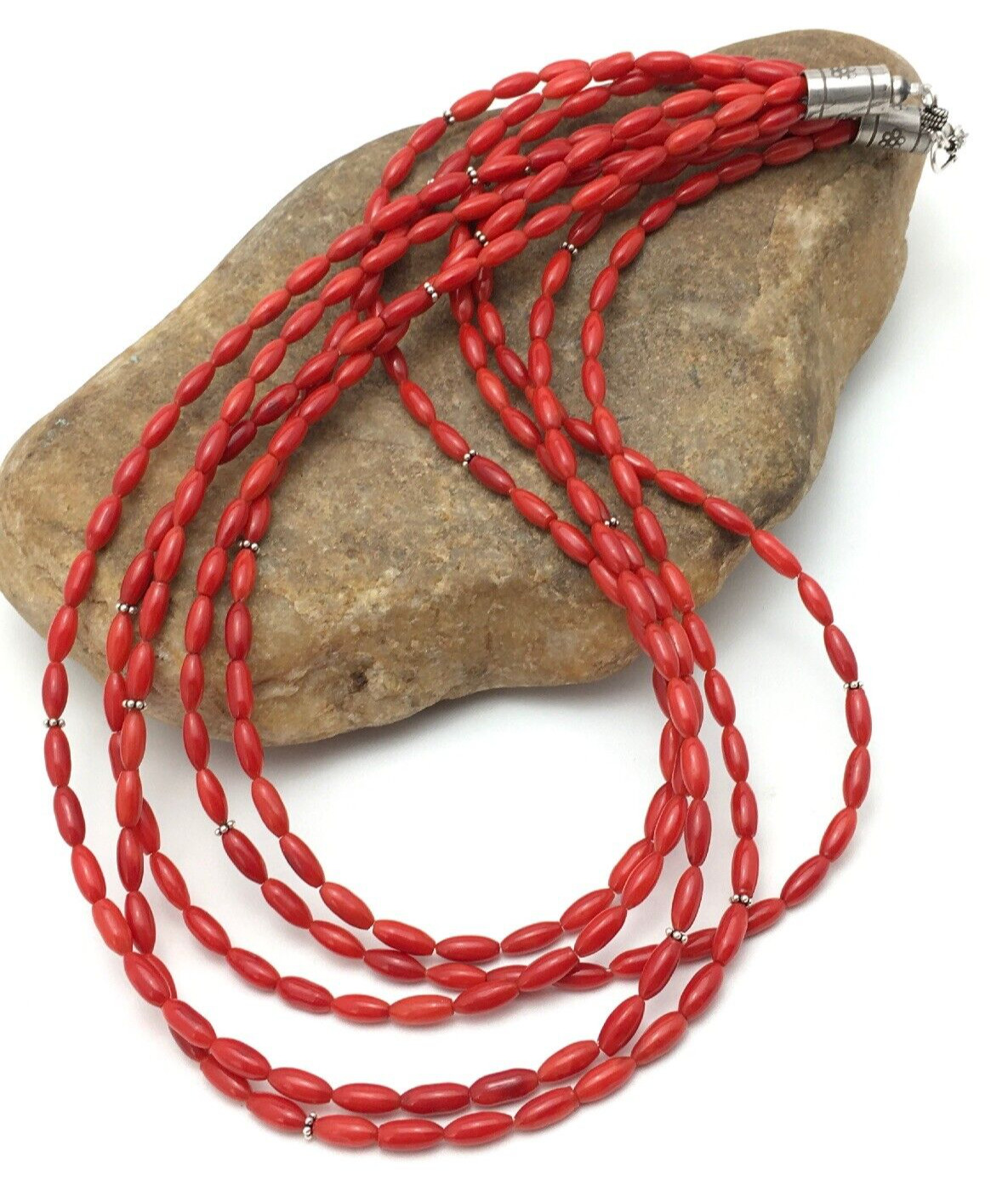 Red Bamboo Coral 5 Strand Navajo Pearls Sterling Silver Necklace 22″ 04165