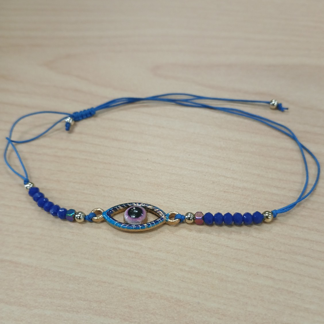 Blue & Gold Tone Beaded Cord Bracelet Adjustable Slide Evil Eye Dangle Charm