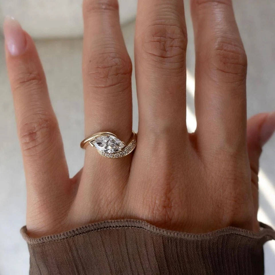 Halo 2 Ct Marquise 14k Yellow Gold Diamond Ring Lab Grown IGI Certified VVS E F