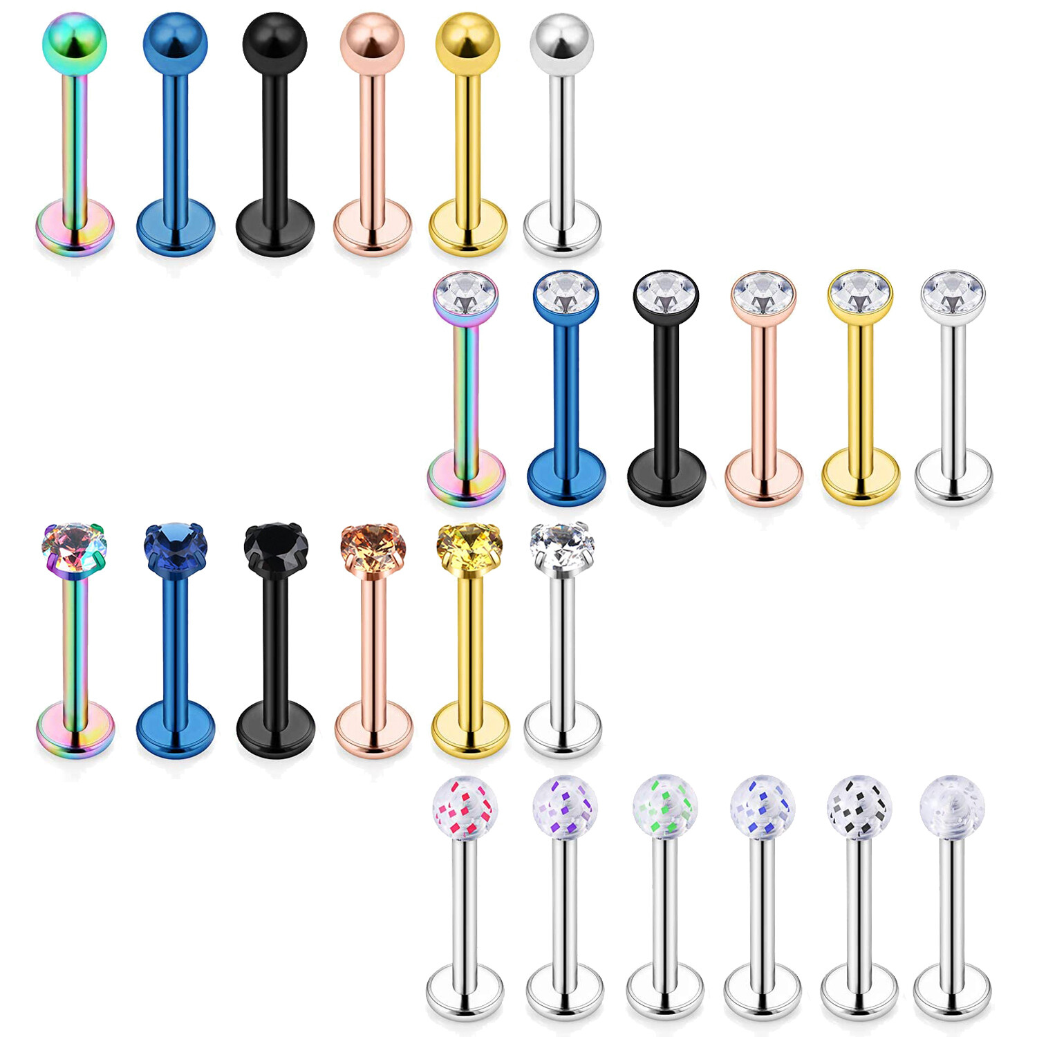 4-24pcs Assorted Labret Lip Ring Surgical Steel Tragus Cartilage Monroe Stud 16G