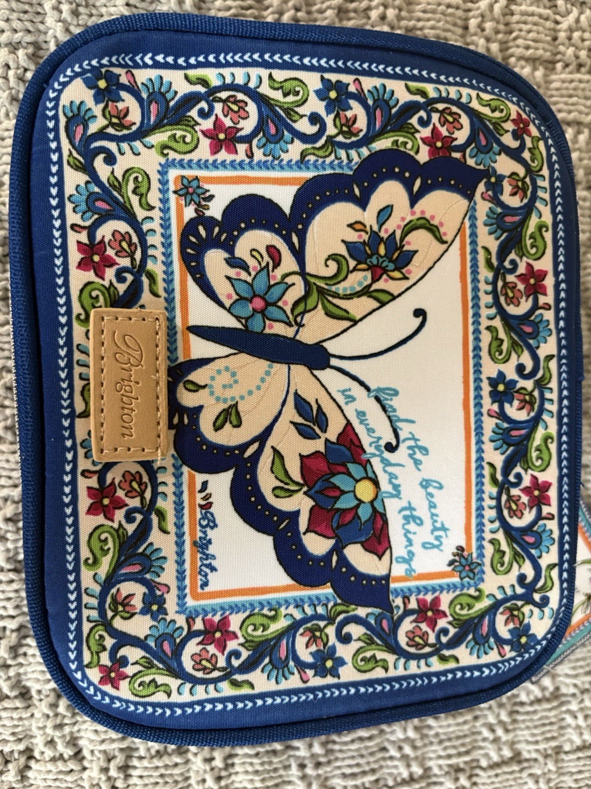 Brighton Butterfly Garden Zip-Around Lined Jewelry Case Blue Floral Fabric
