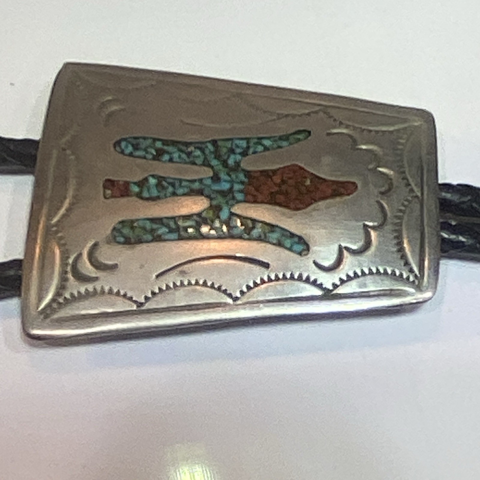 Vintage Navajo Unsigned silver Bolo Tie Turquoise Coral Chip Inlay Peyote Bird