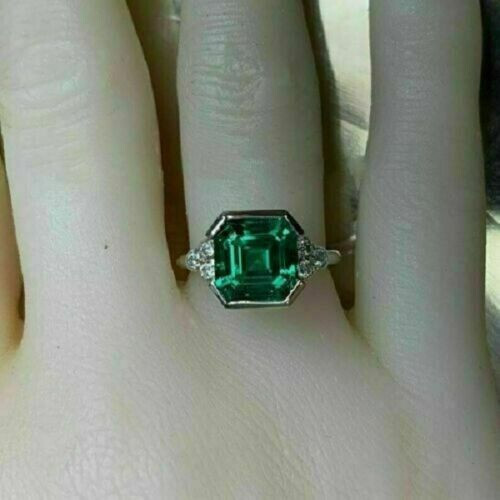 2Ct Lab Created Asscher Green Emerald Engagement Ring 14K White Gold Finish