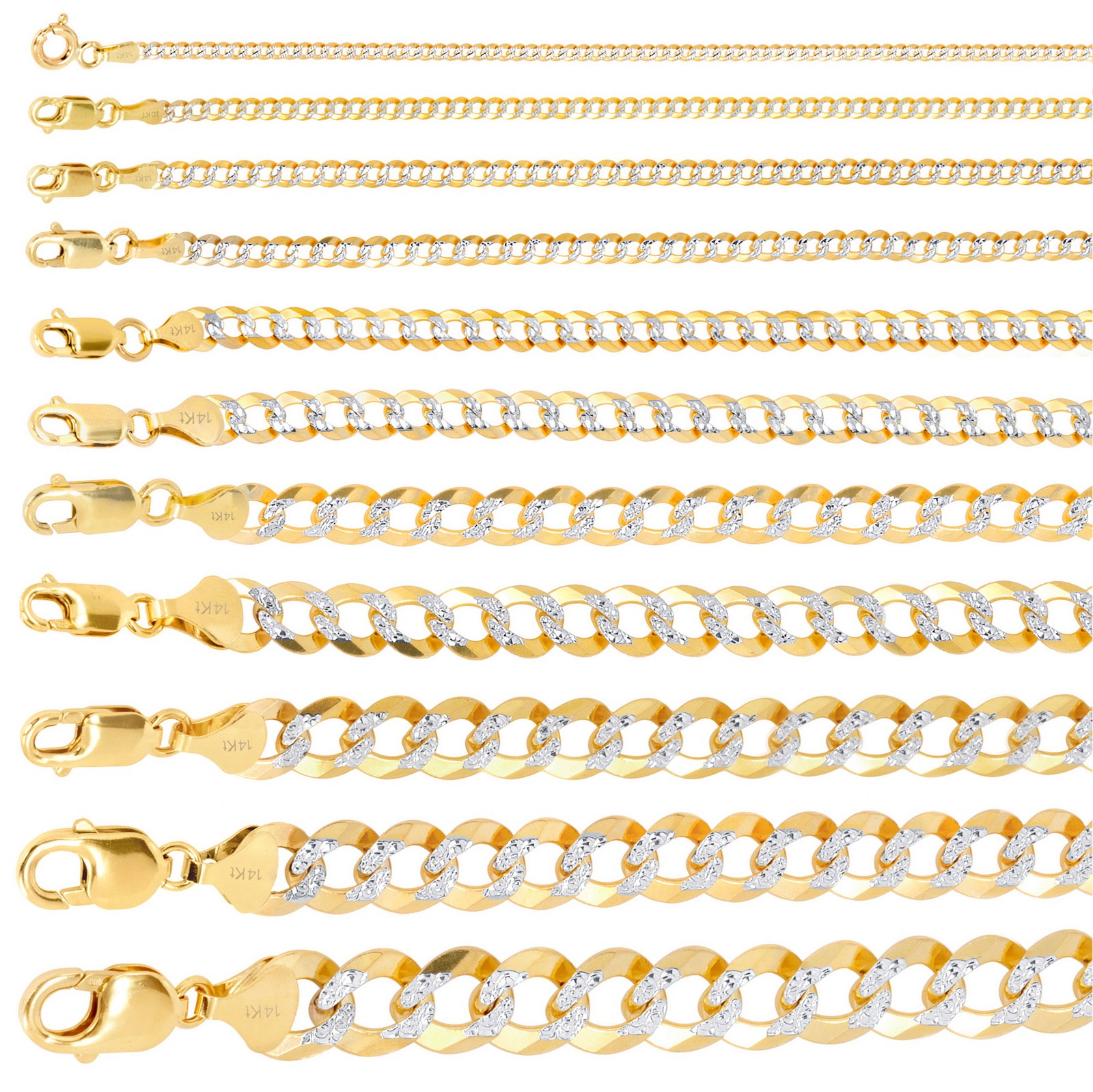 Solid 14K Gold 2-12mm Diamond Cut Pave Curb Chain Cuban Necklace Bracelet 7″-30″