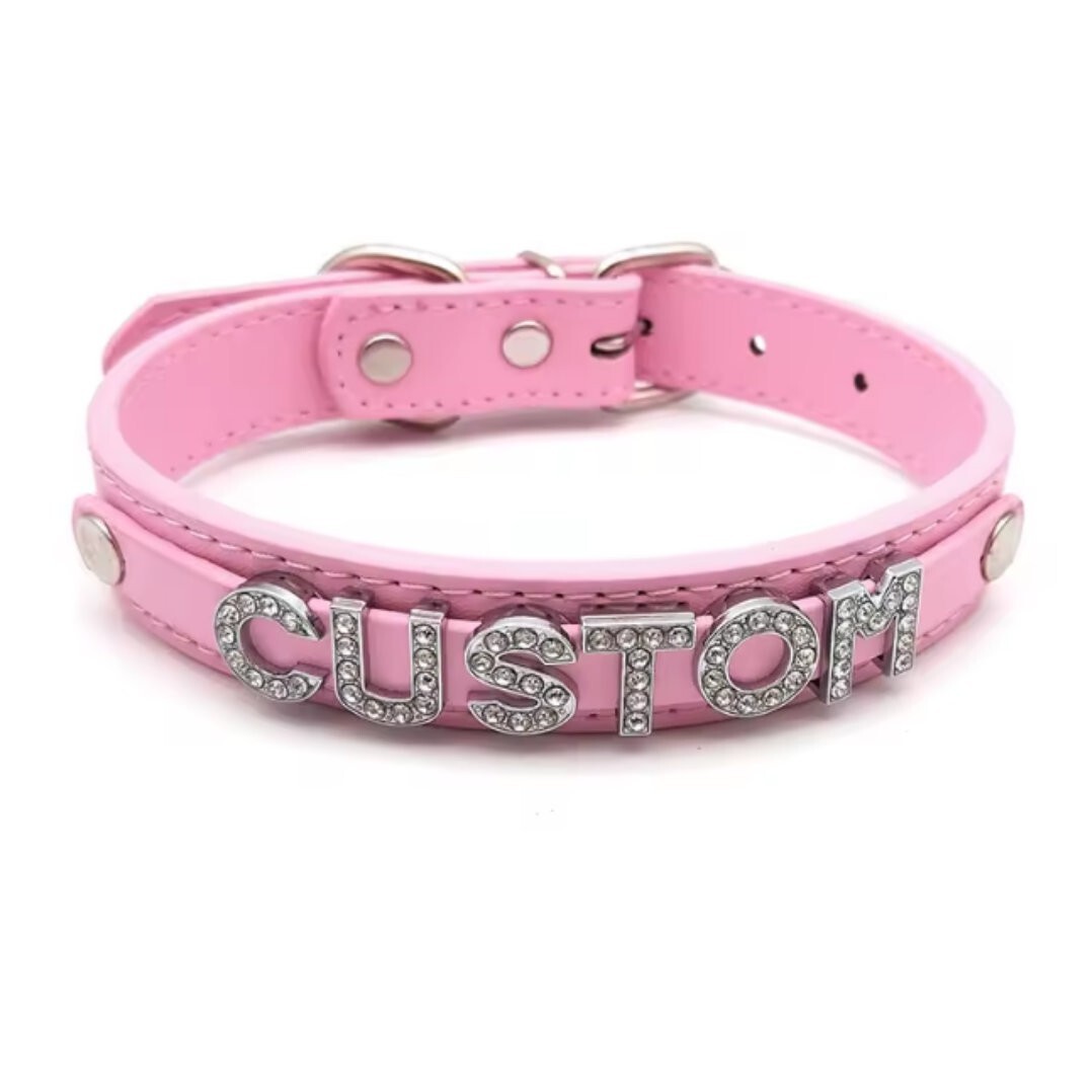 Custom Rhinestone Letter Collar You Choose Color and Words Faux Leather BDSM