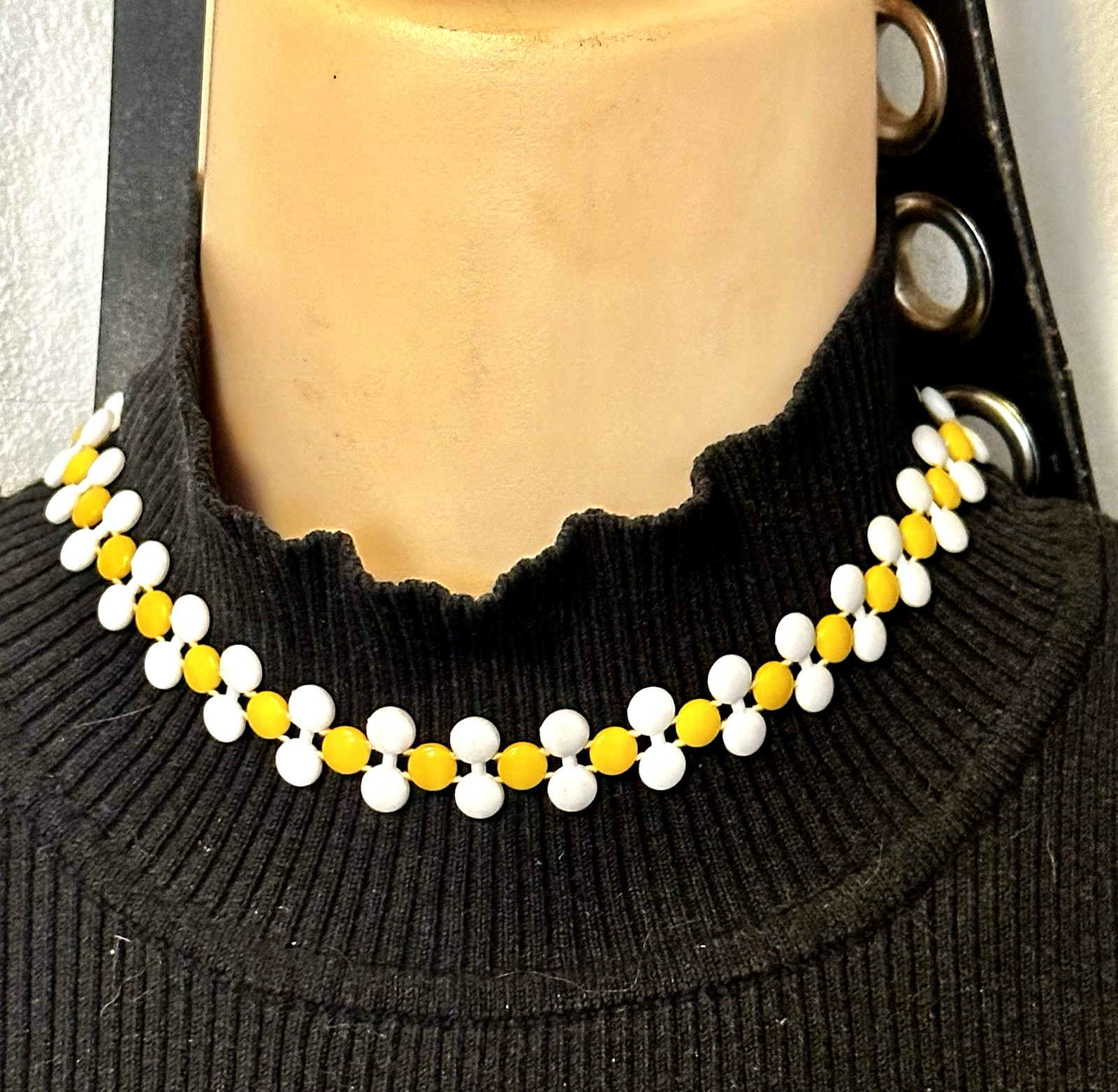 Vintage White and Yellow Lucite Choker Necklace, Marked Hong Kong