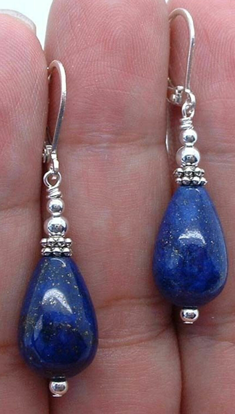 Simple Natural Blue Lapis Lazuli Tibetan Silver Earrings Leverbacks