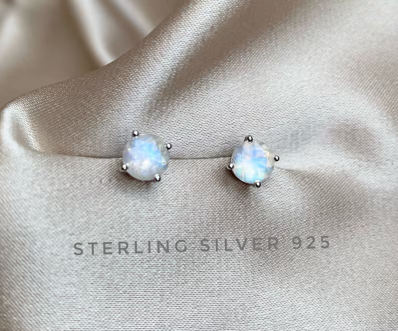 Natural Moonstone Round Cut Stone 925 Sterling Silver Women Tiny Stud Earrings