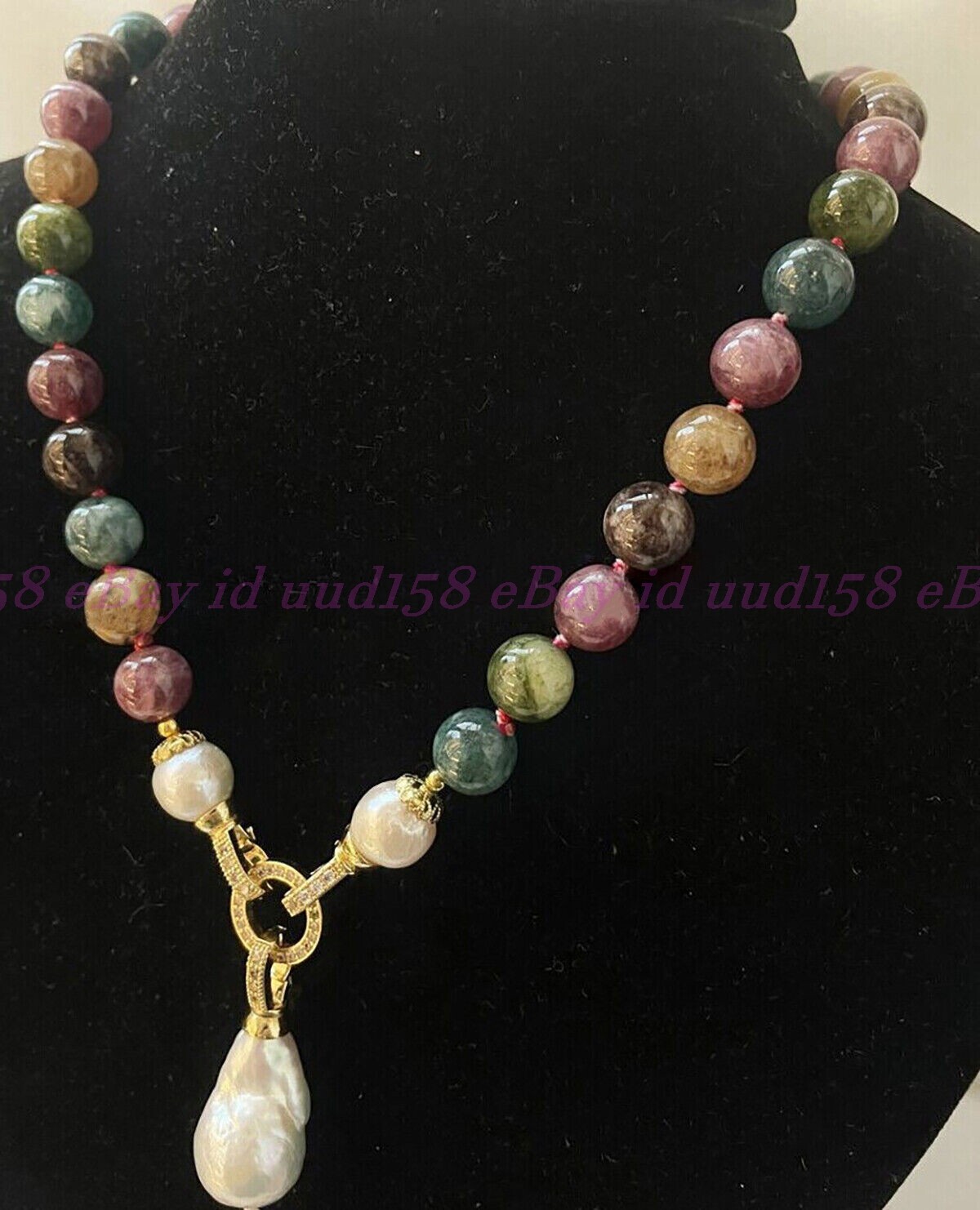 Multicolor Tourmaline Round Gemstone White Keshi Baroque Pearl Pendant Necklace