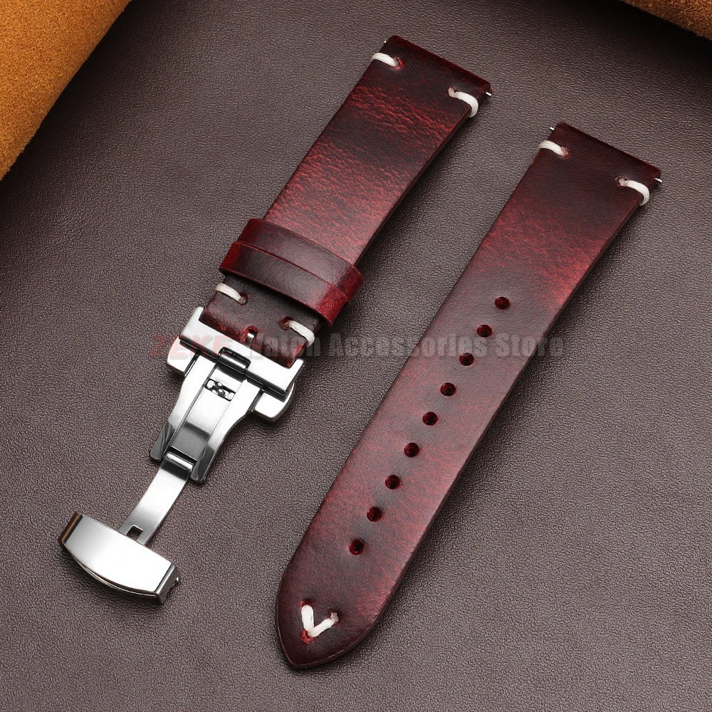 Genuine Leather Butterfly Buckle Watch Bands 18/20/22mm Waterproof Retro Oil Wax