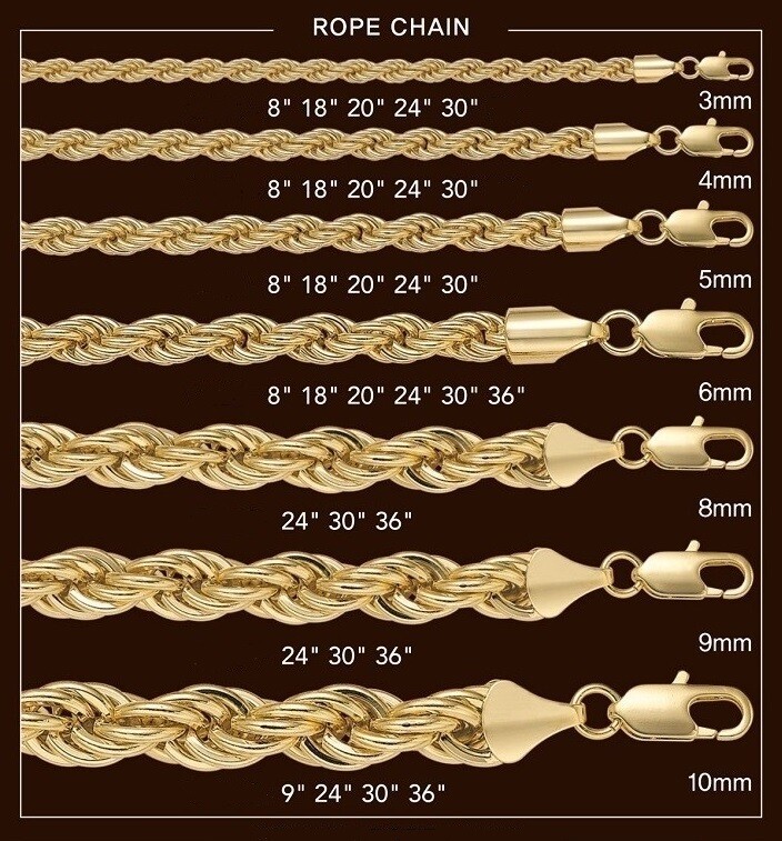 Hip Hop Rope Chain Necklace 2mm to 10mm 16″ 18″ 20″ 24″ 30″ 36″ 14K Gold Plated