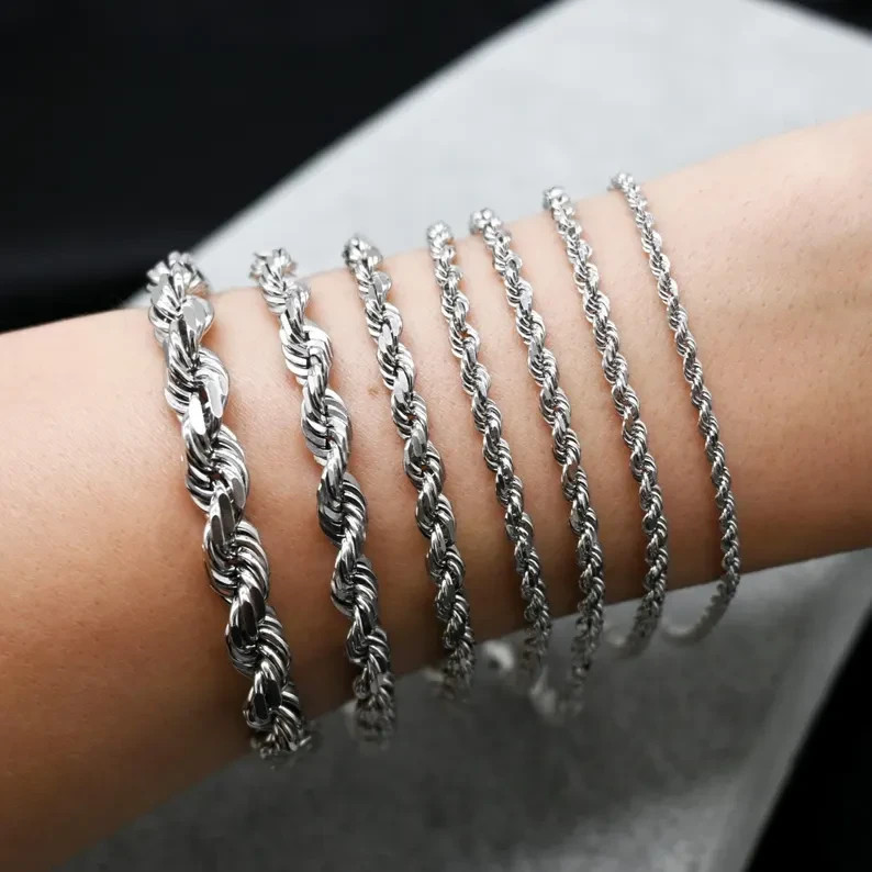 10K White Gold Rope Chain Bracelet Diamond Cut Real Gold 1mm-5mm 7-9in