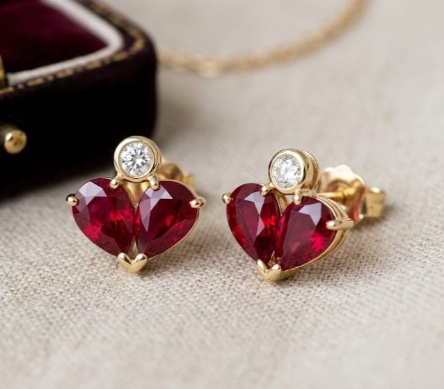 2.50ct Pear cut simulated Red Ruby/ Diamond Stud Earrings 14k Yellow Gold Plated