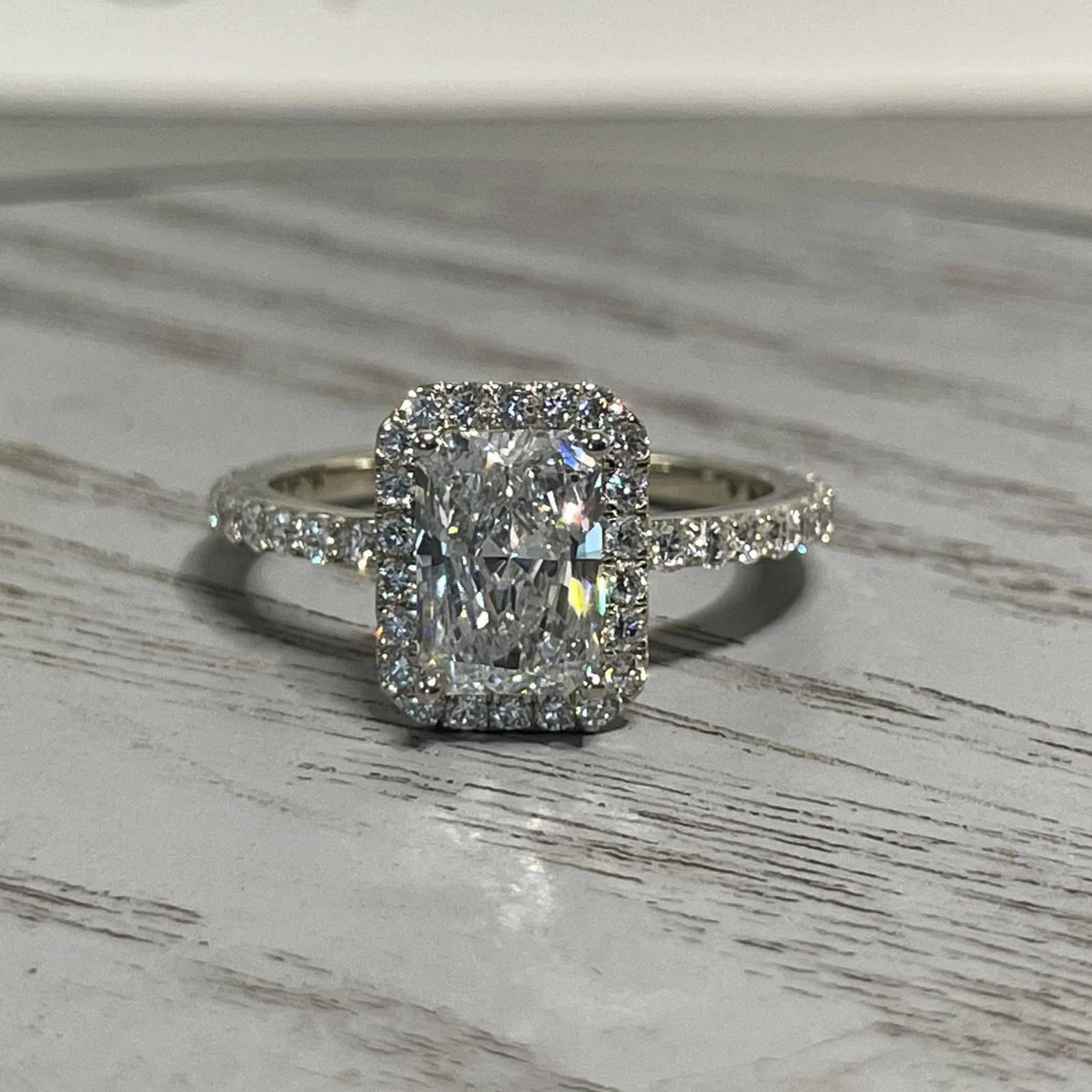 Halo Diamond Ring 2.28 Carat Lab Grown Radiant IGI E F VVS CVD 14k White Gold
