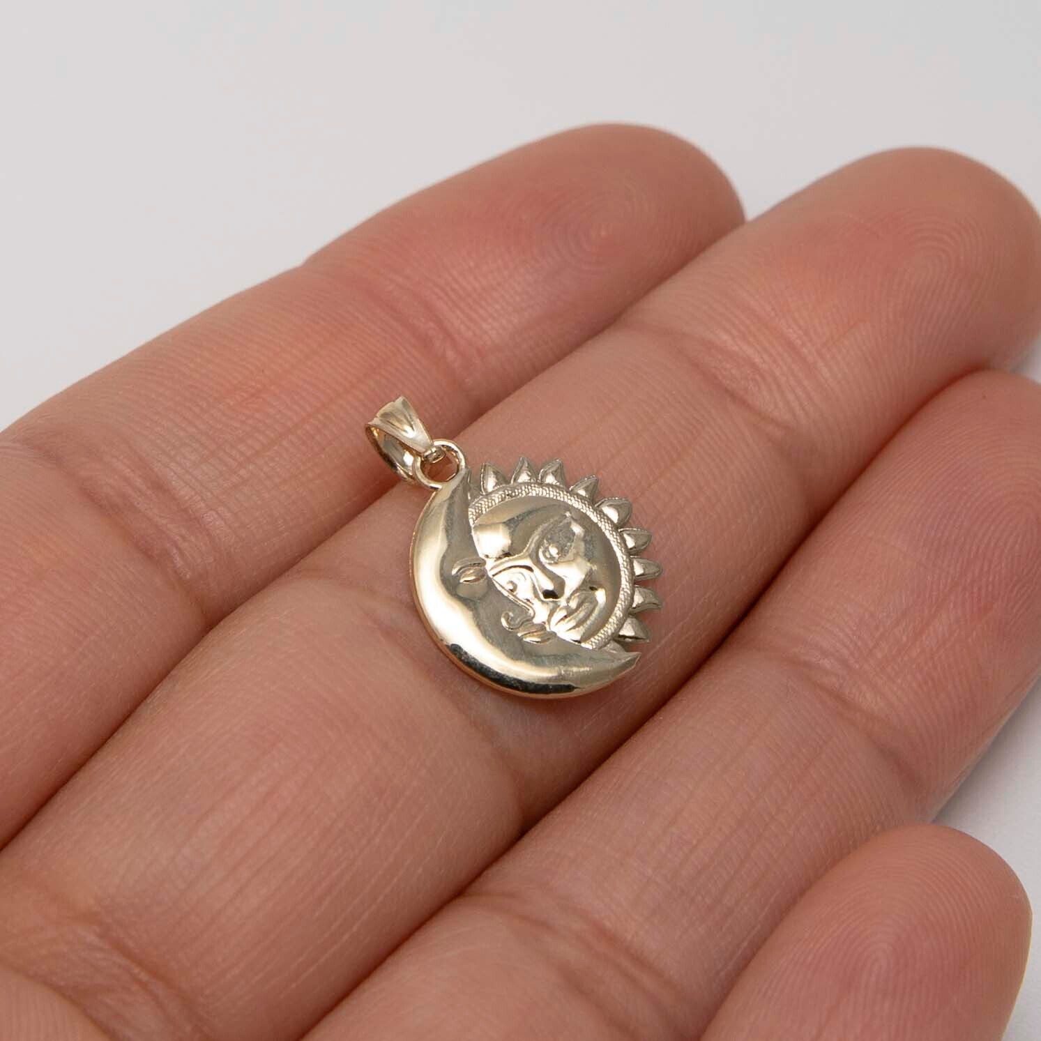 3/4″ Moon & Sun Face Pendant Real Solid 10K Yellow Gold