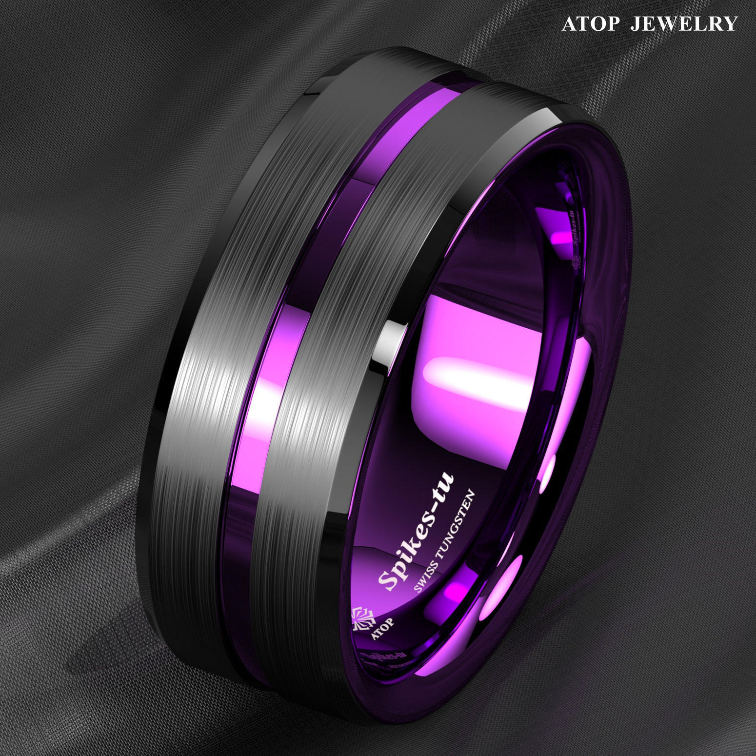 8/6mm Black Tungsten Carbide Thin Purple Line Wedding Band Ring ATOP Men Jewelry