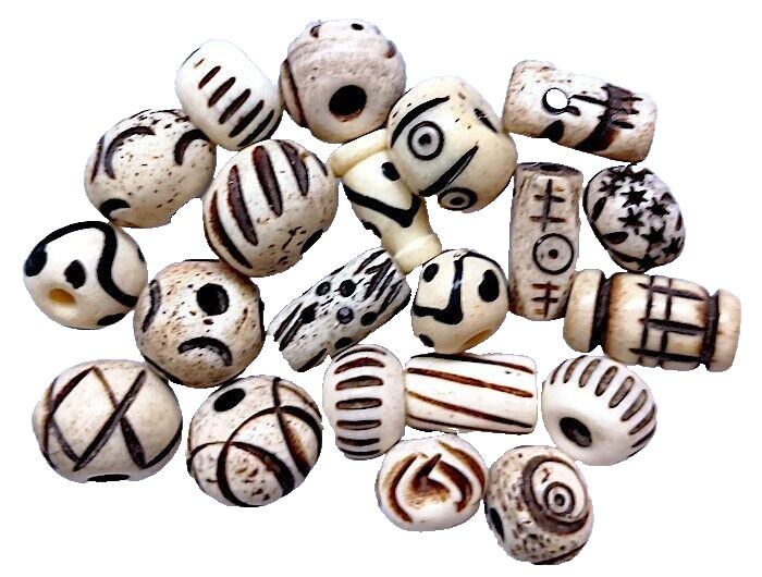 Buffalo Bone Beads, Small, 20 Pcs, Asst Shapes and Designs, White, 8 mm Average
