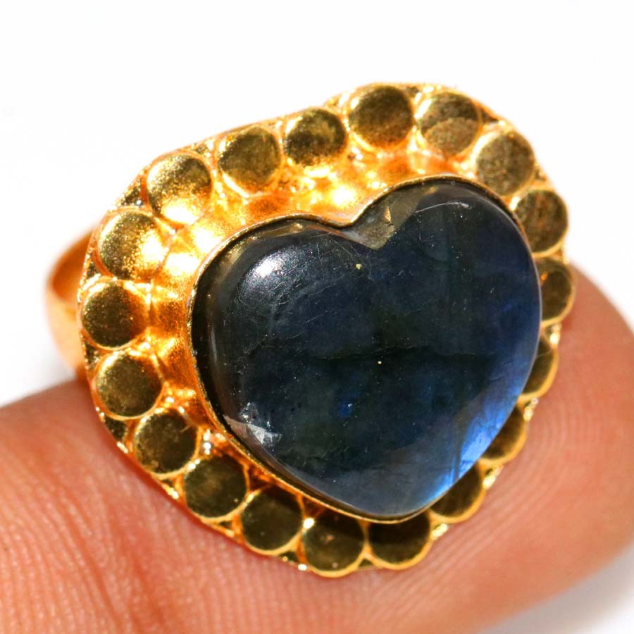 Golden Plated Heart Fiery Labradorite Ring US 8 Everyday Wear Design GW