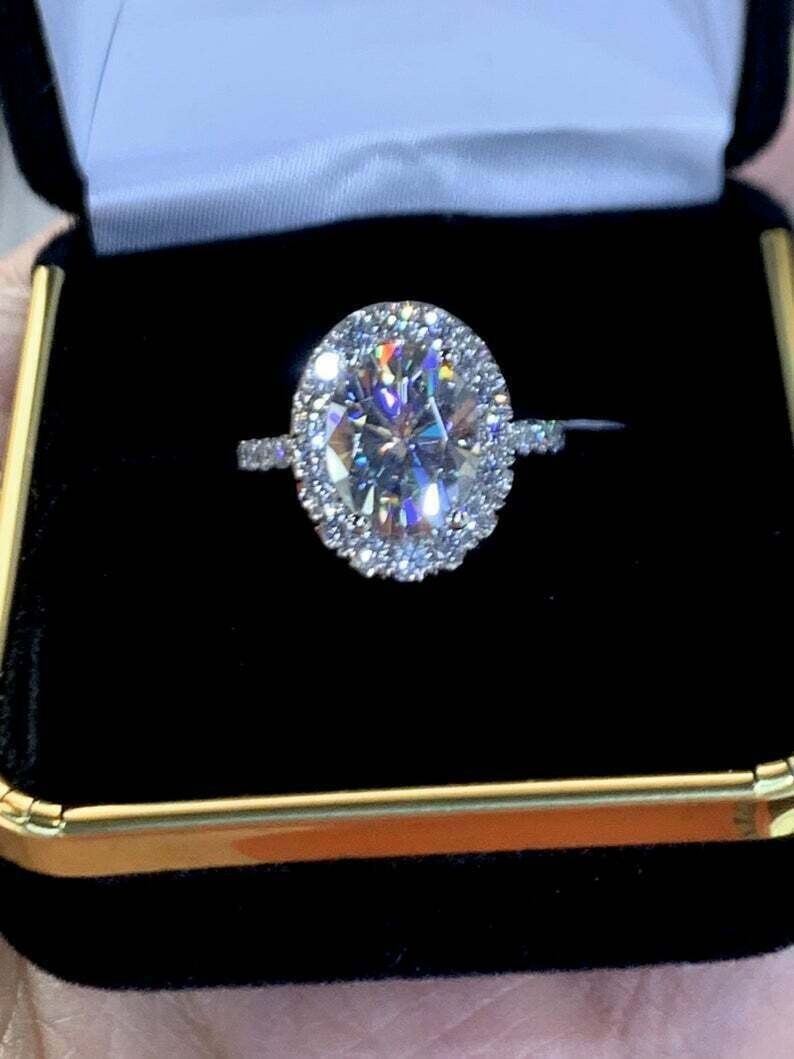 2.10Ct Oval lab created Diamond Halo Engagement Ring 14K White Gold Finish