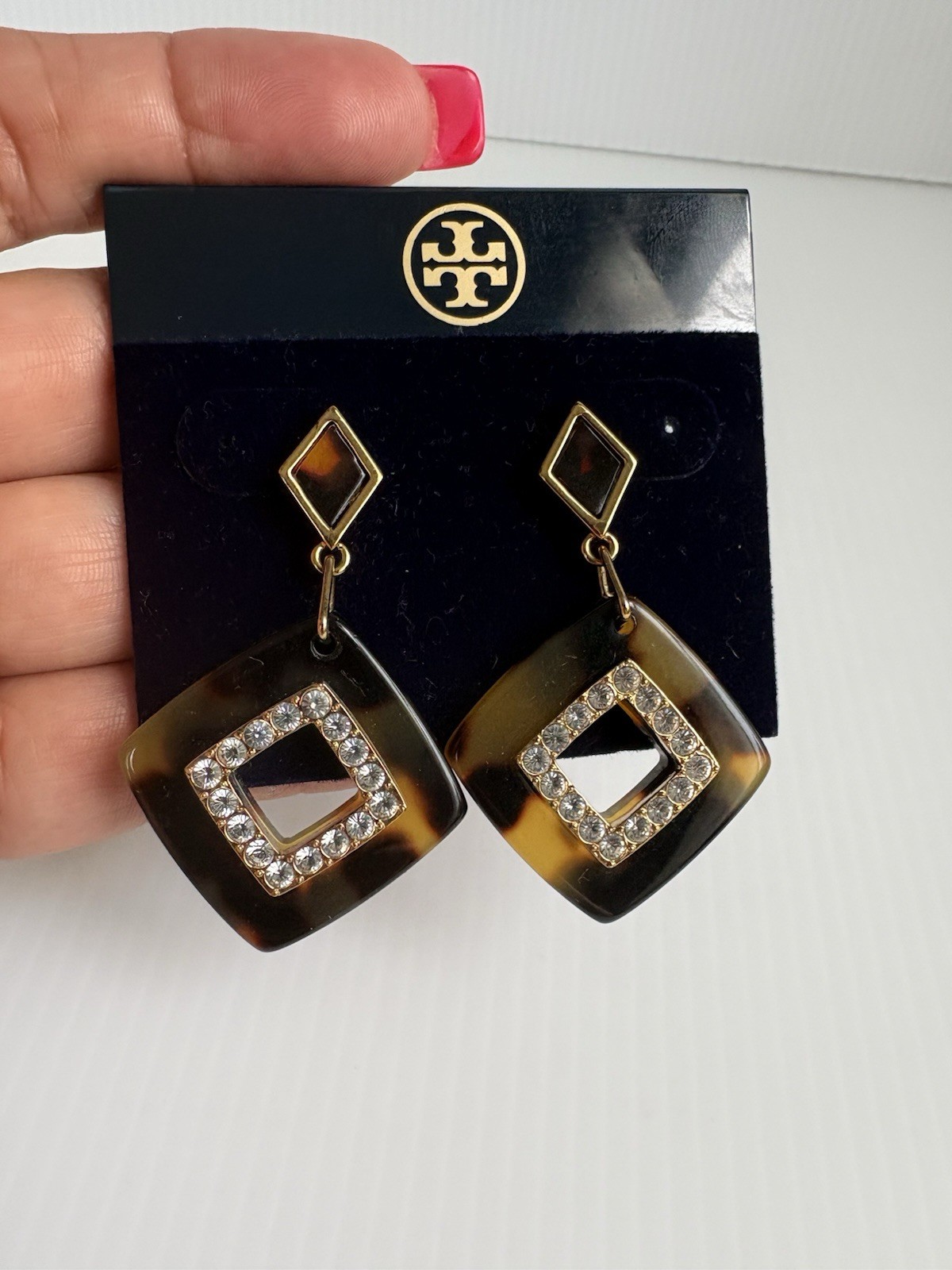 Tory Burch earrings In tortoiseshell square pendant With Crystal Halo NWT