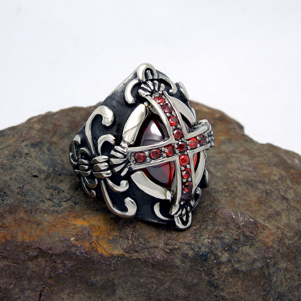 Knights Crusades Templar Shield Cross Celtic Red Stone Stainless Steel Ring