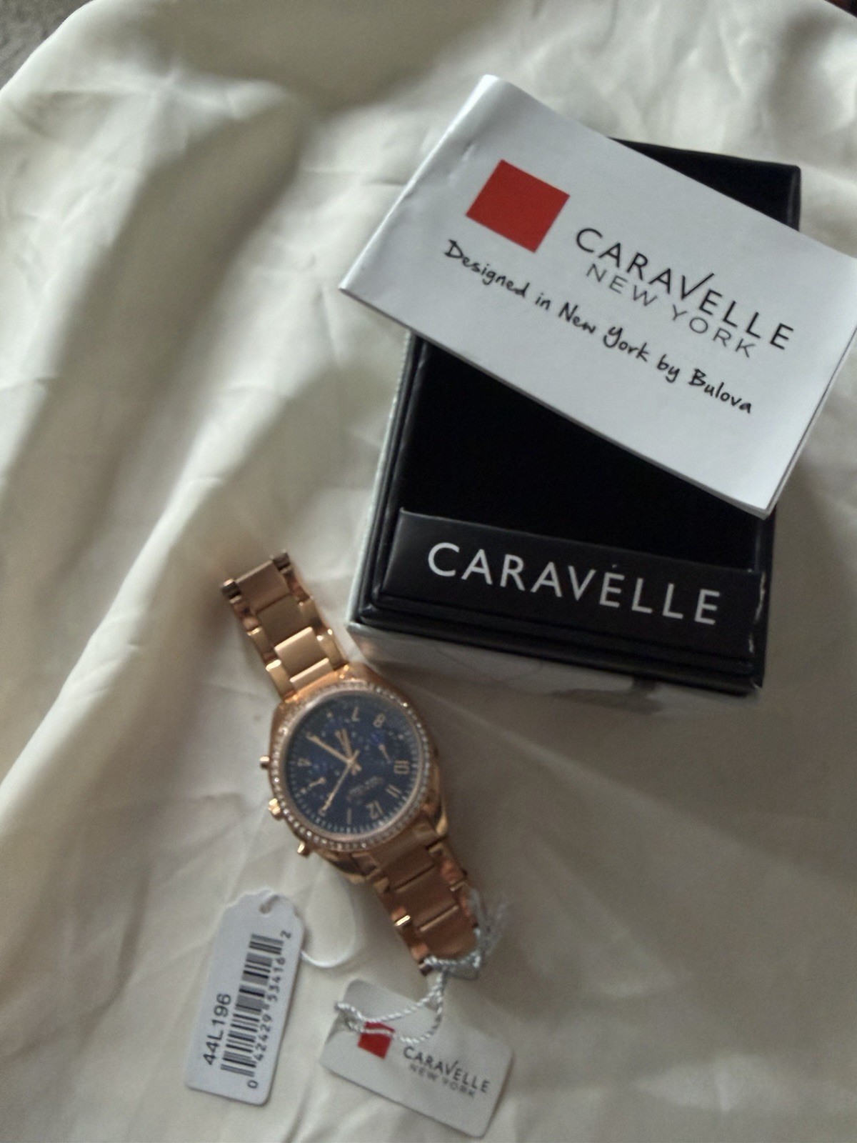 Caravelle New York Women’s Quartz Watch Rose Gold SS Bracelet Blue Dial 44mm