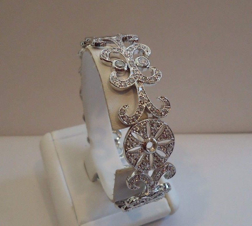 WHITE GOLD OVER 925 SILVER FLOWER DESIGN ITALIAN BRACELET LAB CREATED DIAMONDS