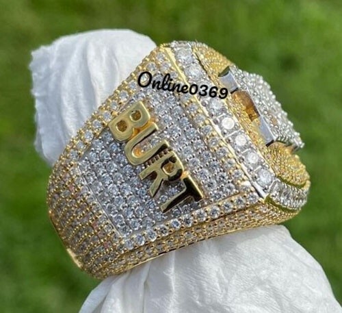3.35ct VVS Moissanite Men’s Bust Down Name Number Ring Yellow Gold Plated Silver