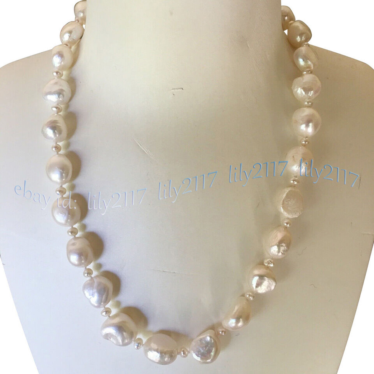 High Luster 9-10mm Real Natural White Baroque Freshwater Pearl Necklace 14-36”