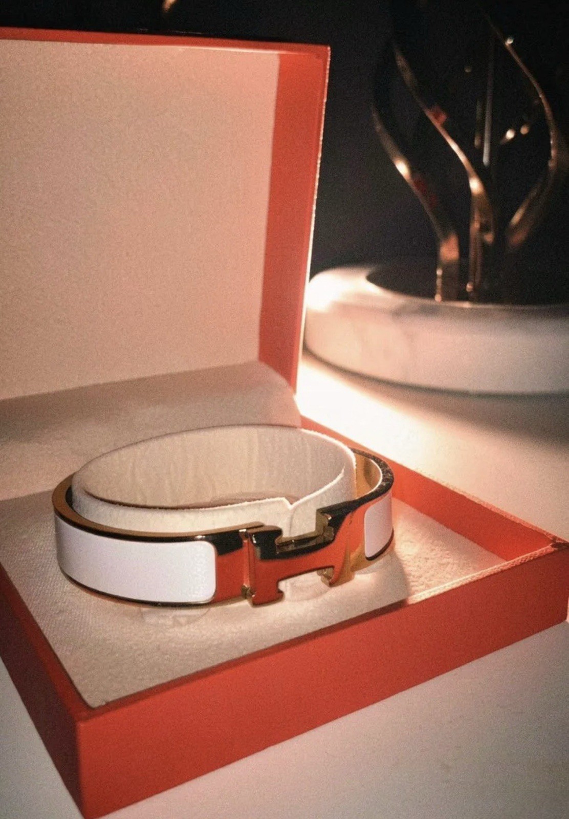 Hermès Clic H White Enamel Hinged Bangle Bracelet Gold Tone