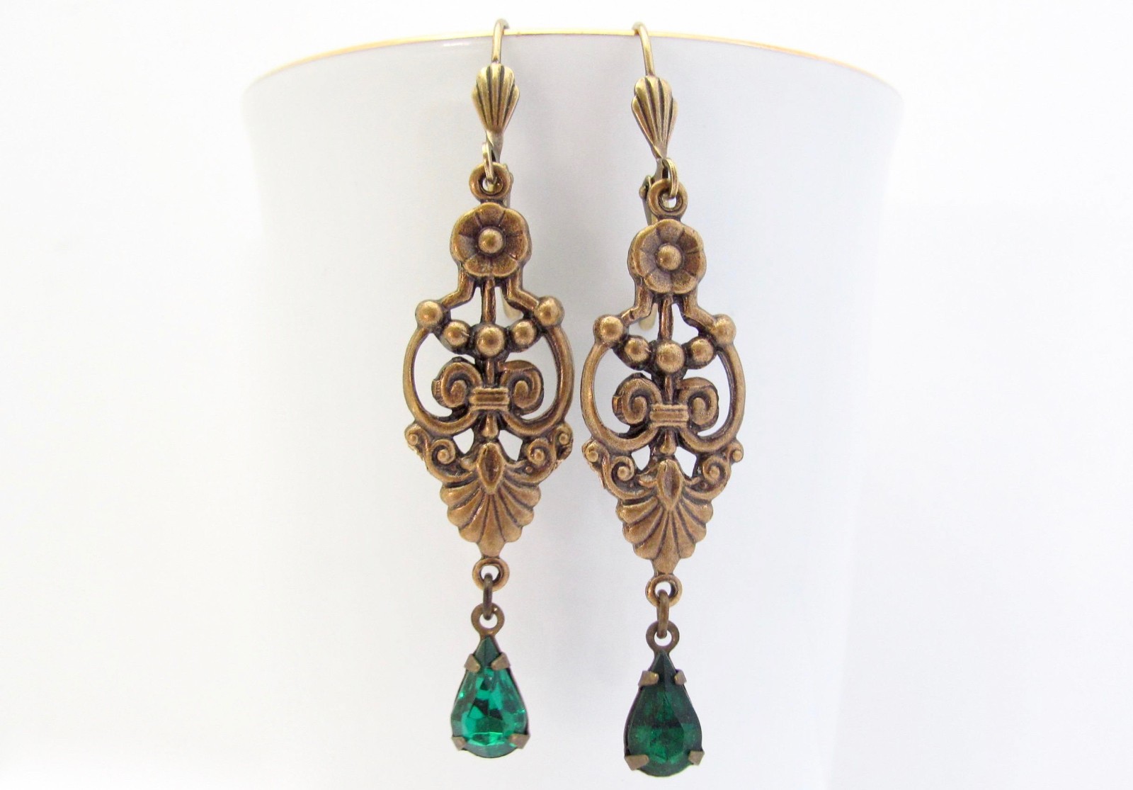 Art Deco Earrings Design Emerald Green Crystal Bohemian Antiqued Brass Long