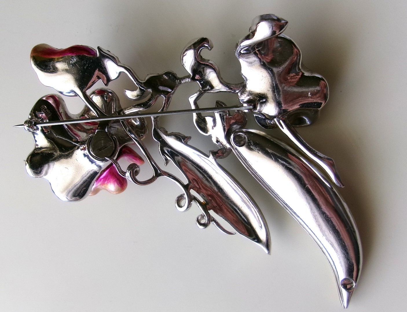 Early Signed Marcel Boucher Sweet Pea w Pods Brooch Enamel Rhodium Rhinestones