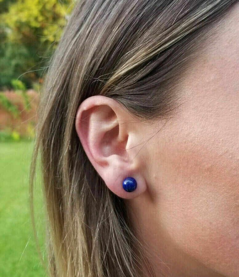 Natural Blue Lapis 8mm Round Ball Fluted Stud Earrings Solid 925 Sterling Sliver