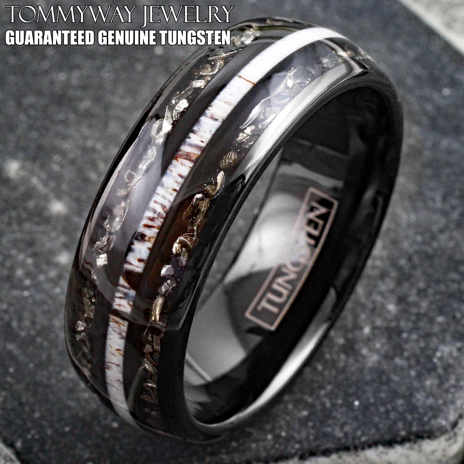Black Tungsten Carbide Men’s Ring w/ Deer Antler & Meteorite Wedding Band