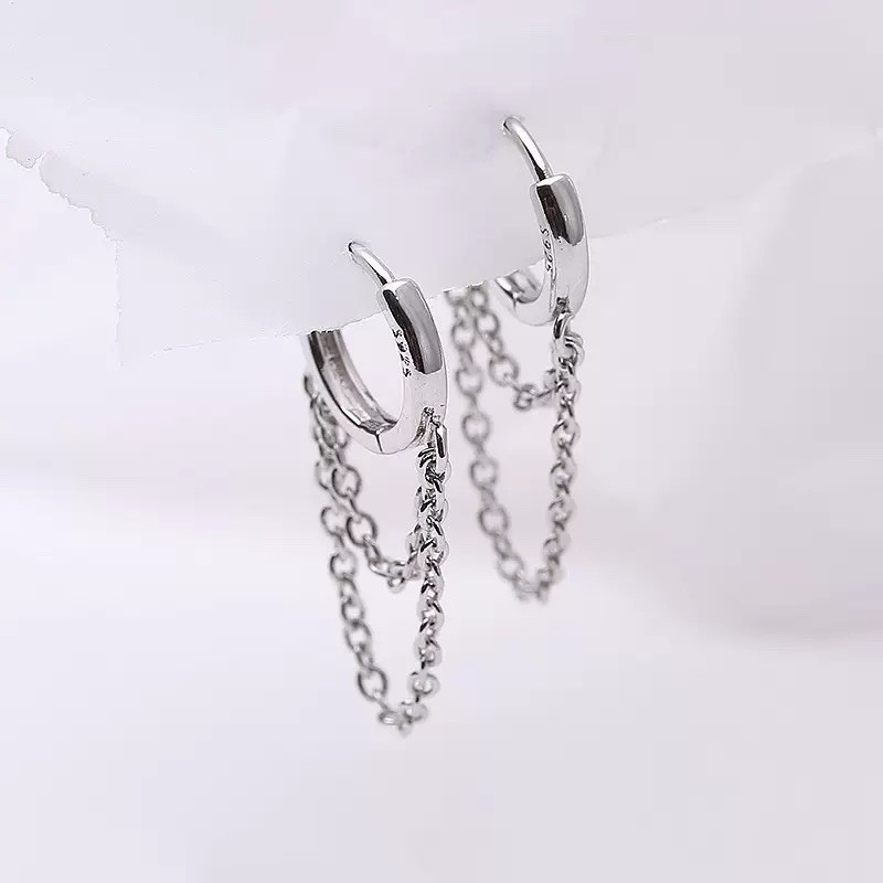 925 Silver Chain Huggie Hoop Earrings Dangle Double Chain Drop Earrings 087