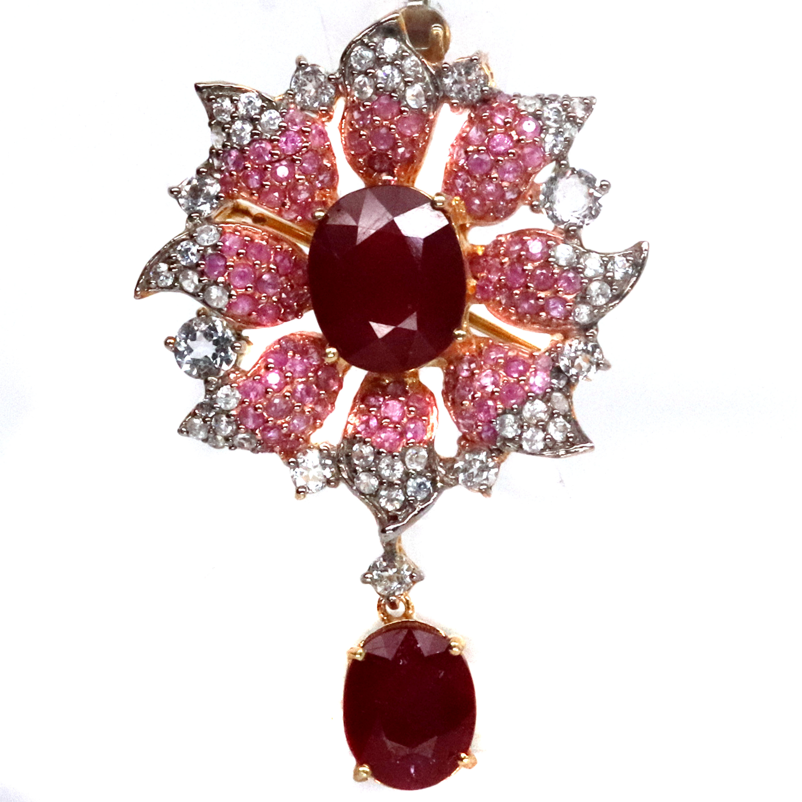 Gemstone 12 X 15 mm. Blood-Red Ruby Sapphire Topaz Zircon Brooch 925 Silver
