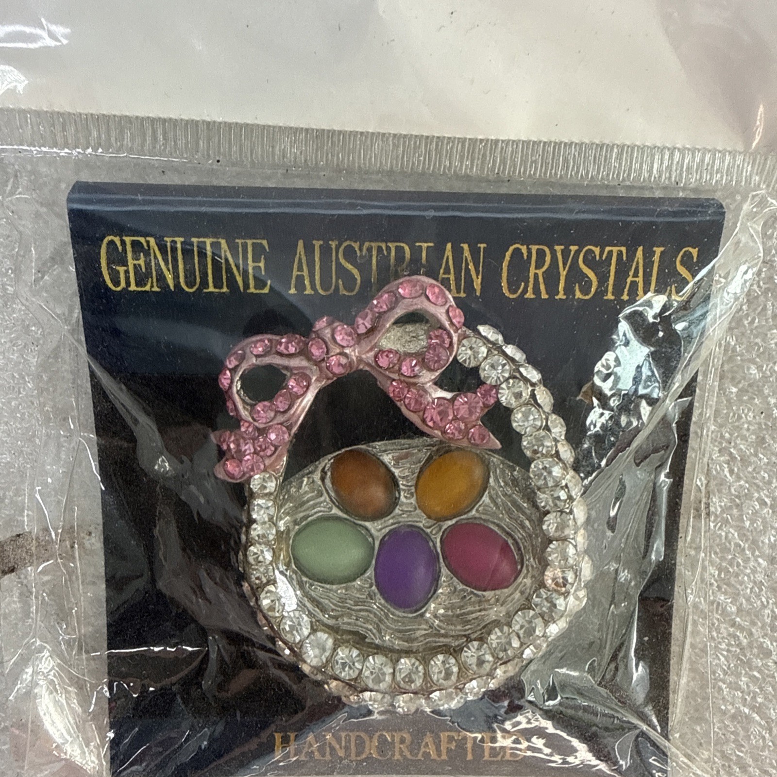 Easter Basket Pink White Colored Eggs Austrian Crystals Pin- NEW