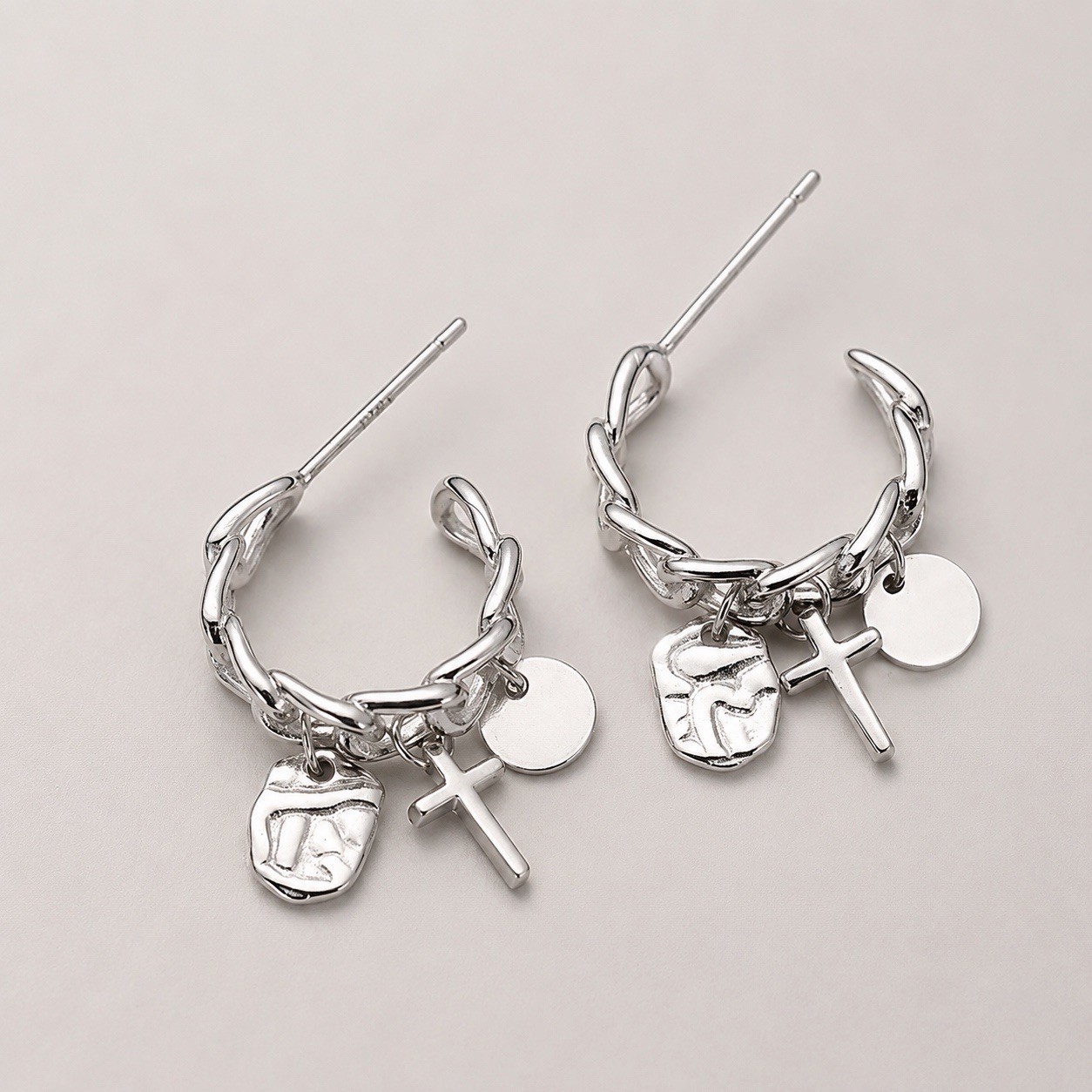 925 Silver Cross Charm Chain Hoop Earrings Vintage Dangle Huggie Earrings 444