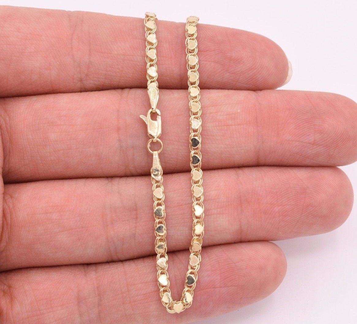 3.3mm Reversible Mirrored Heart Link Bracelet Real Solid 14K Yellow Gold