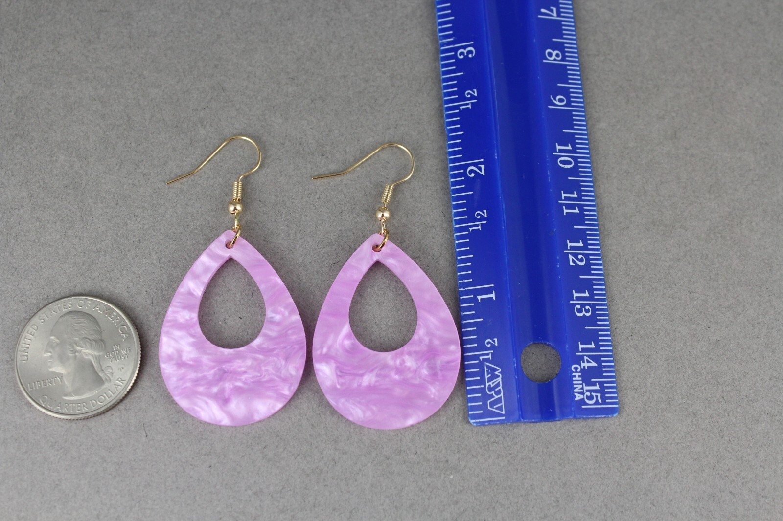 Purple teardrop earrings lightweight dangle cut out oval outline 2.25″ long