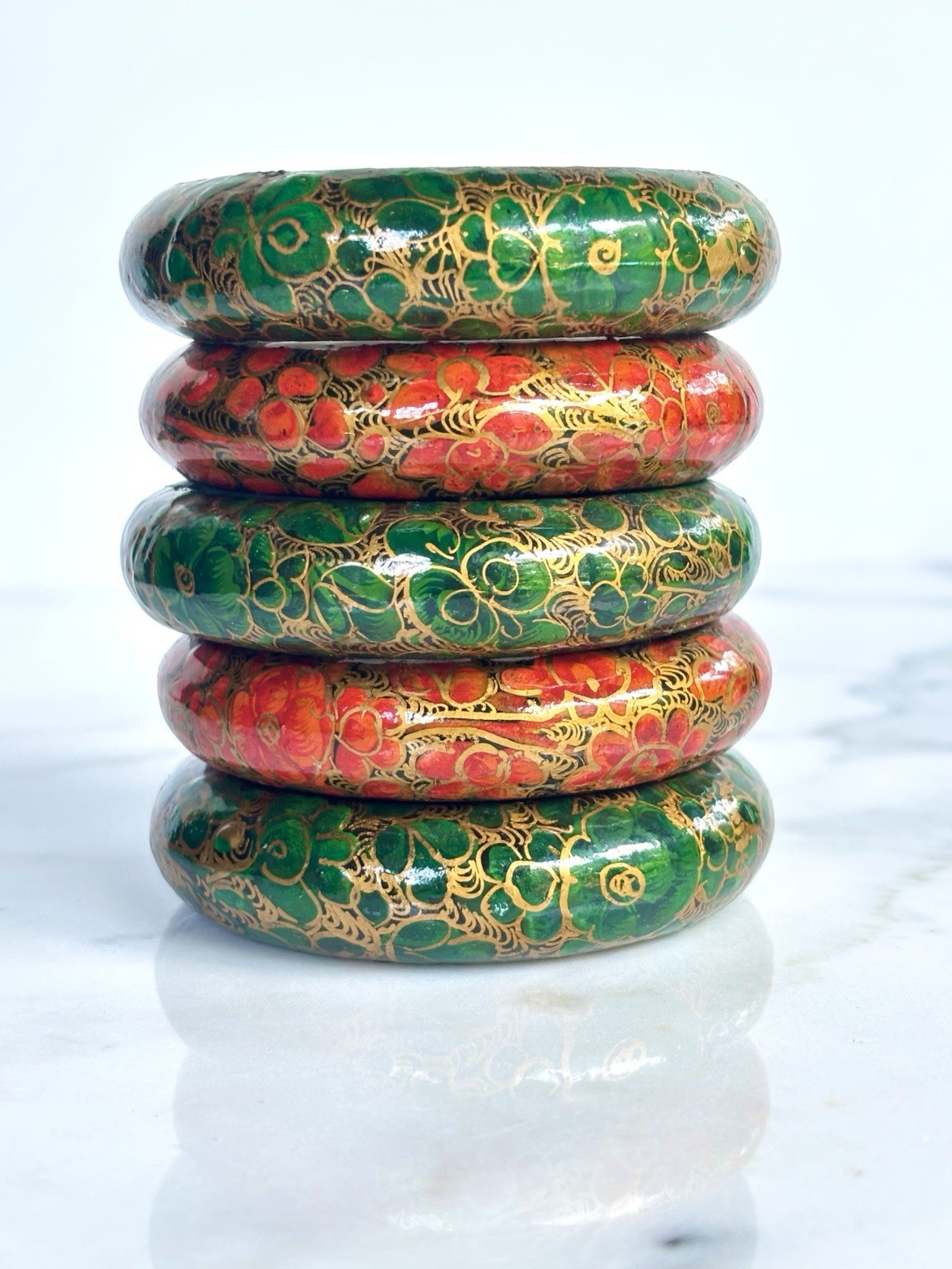 SET OF 5 NEPAL KASHMIR WOOD HAND PAINTED BANGLE BRACELETS 1980s VINTAGE MINT