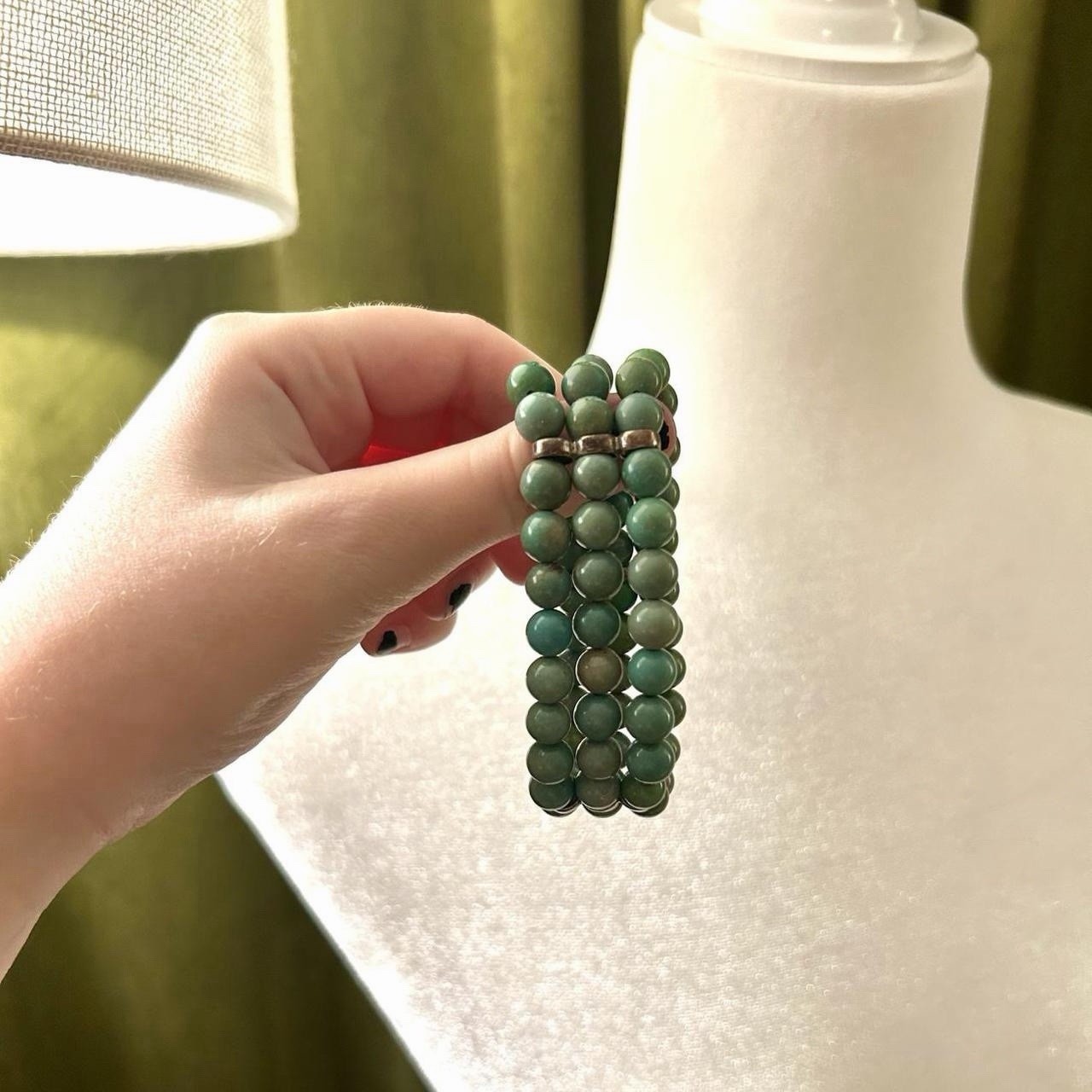 Green Turquoise Round Stone Bead Wrap Bracelet Multi-Strand Stretch Silver Tone